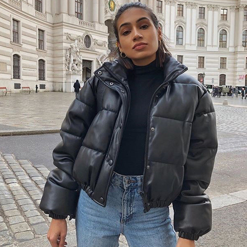 Women's Cropped Faux Leather Puffer Jacket — view 2