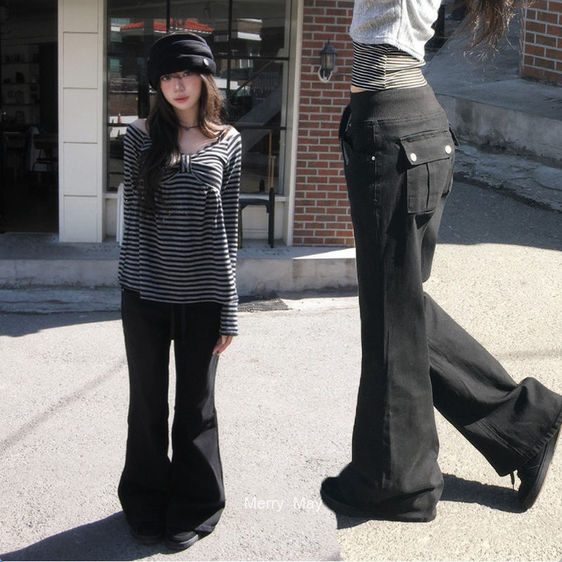Women's Black Flared Trousers in Black — Cargo Pockets