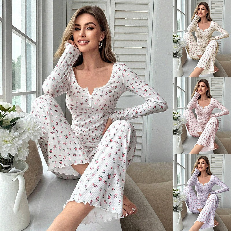 Women's Printed Pyjama Set in Off-White Cherry