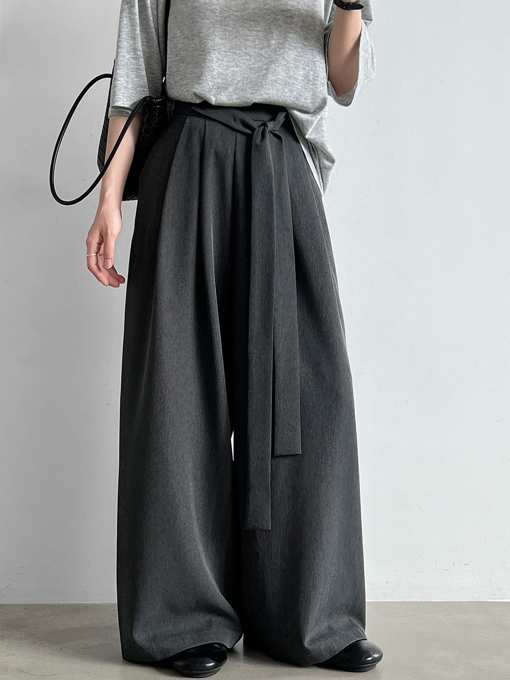 Women's Wide Leg Trousers with Tie Belt in Graphite Grey