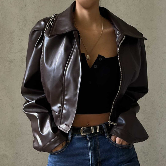 Women's Cropped Faux Leather Jacket in Brown