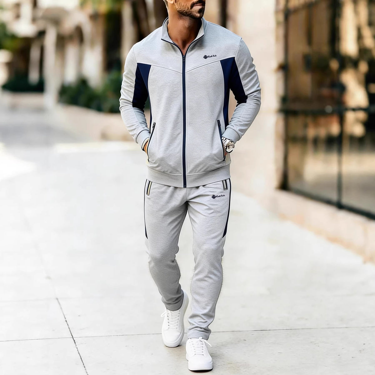 Men's Contrast Panel Tracksuit in Light Grey / Navy