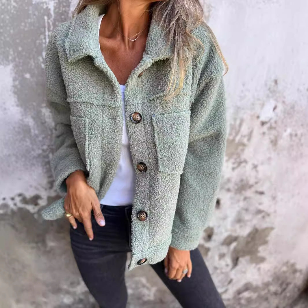 Women's Boxy Teddy Fleece Jacket in Sage Green