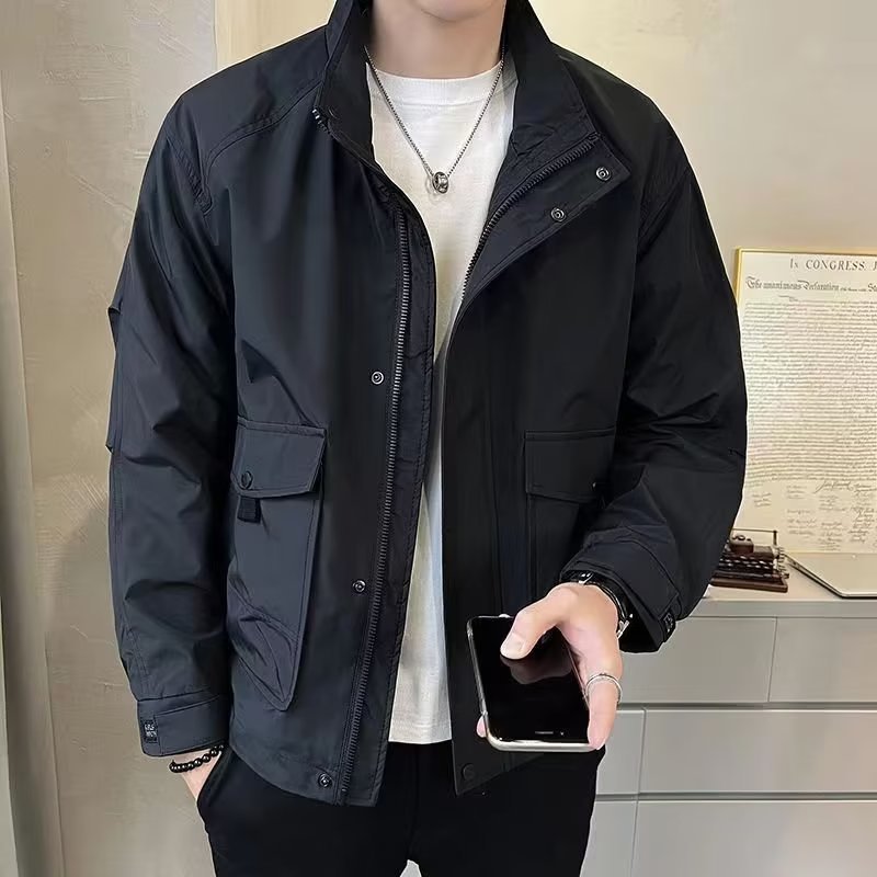 Men's Stand Collar Utility Jacket in Black