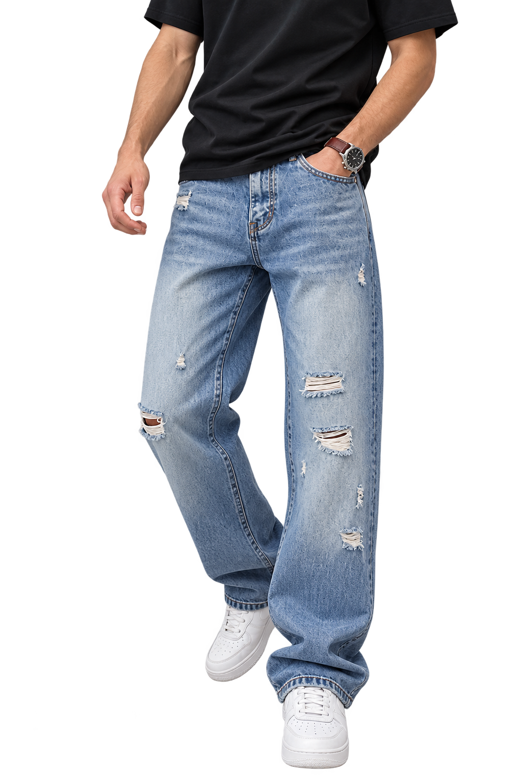 Men's Ripped Straight Leg Jeans | Lightweight Washed Denim with Stretch