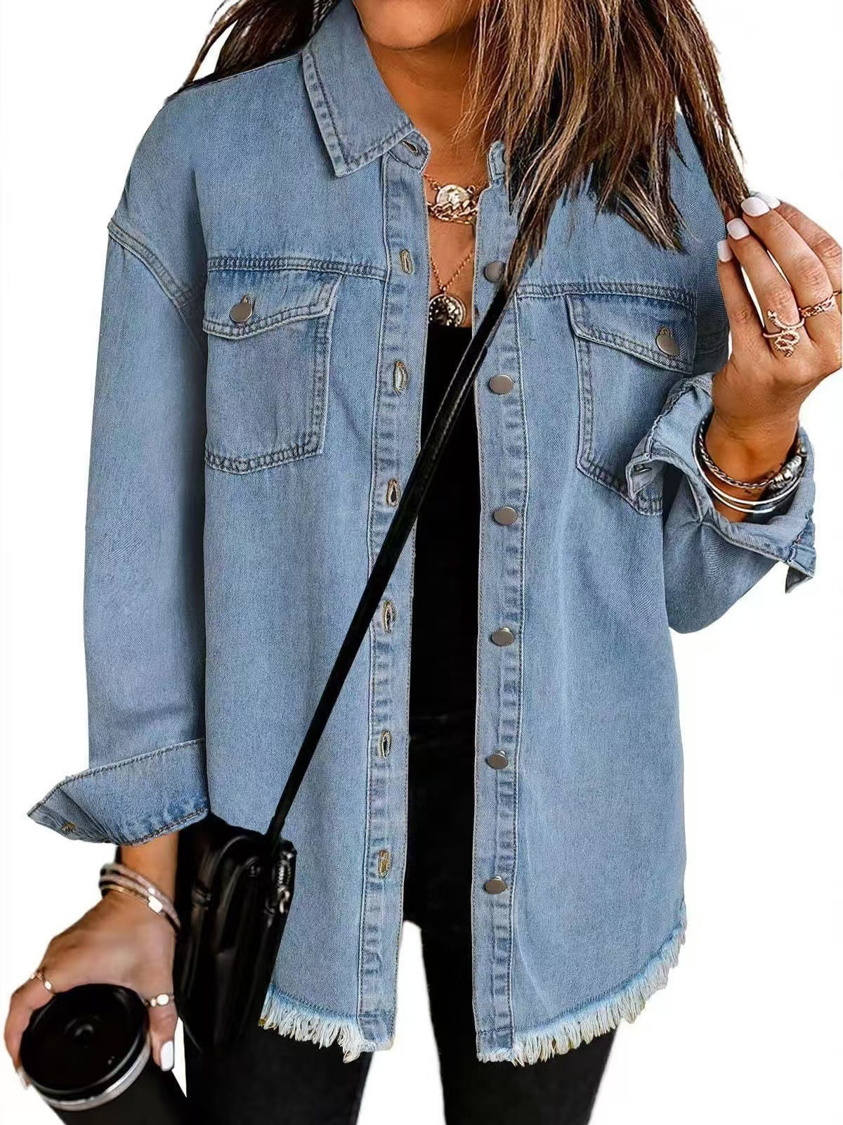 Women's Washed Denim Shirt Jacket in Light Blue — view 2