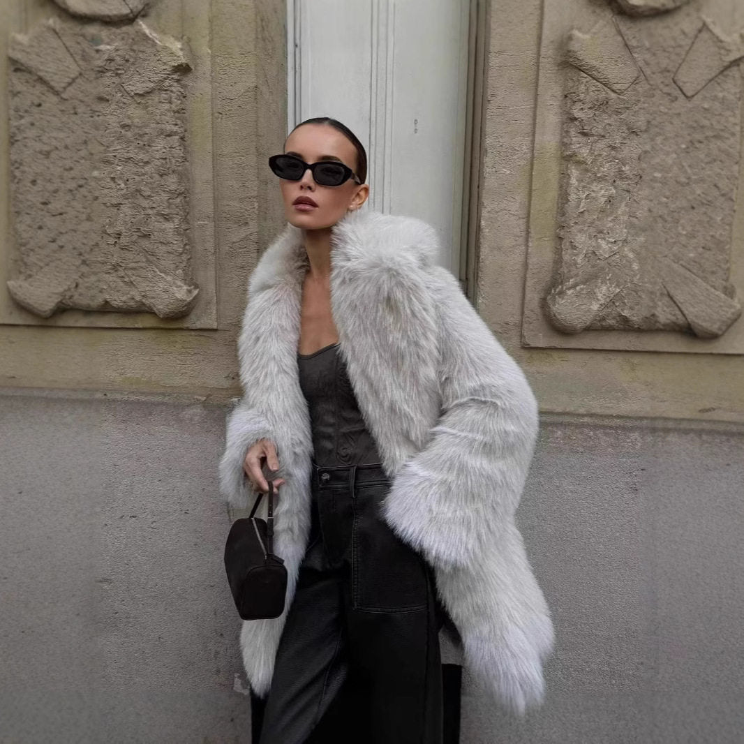 Women's Longline Faux Fur Coat in Light Grey — view 6