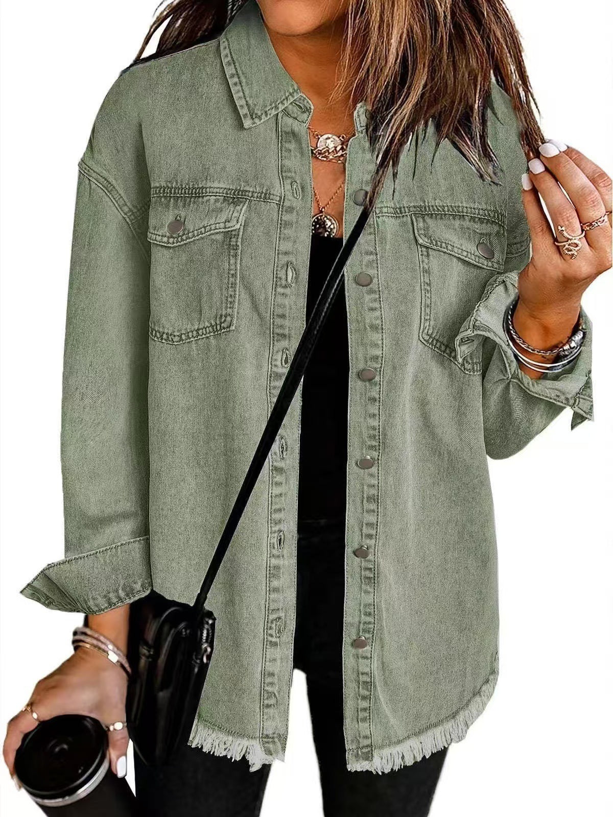 Women's Washed Denim Shirt Jacket in Olive Green — view 3