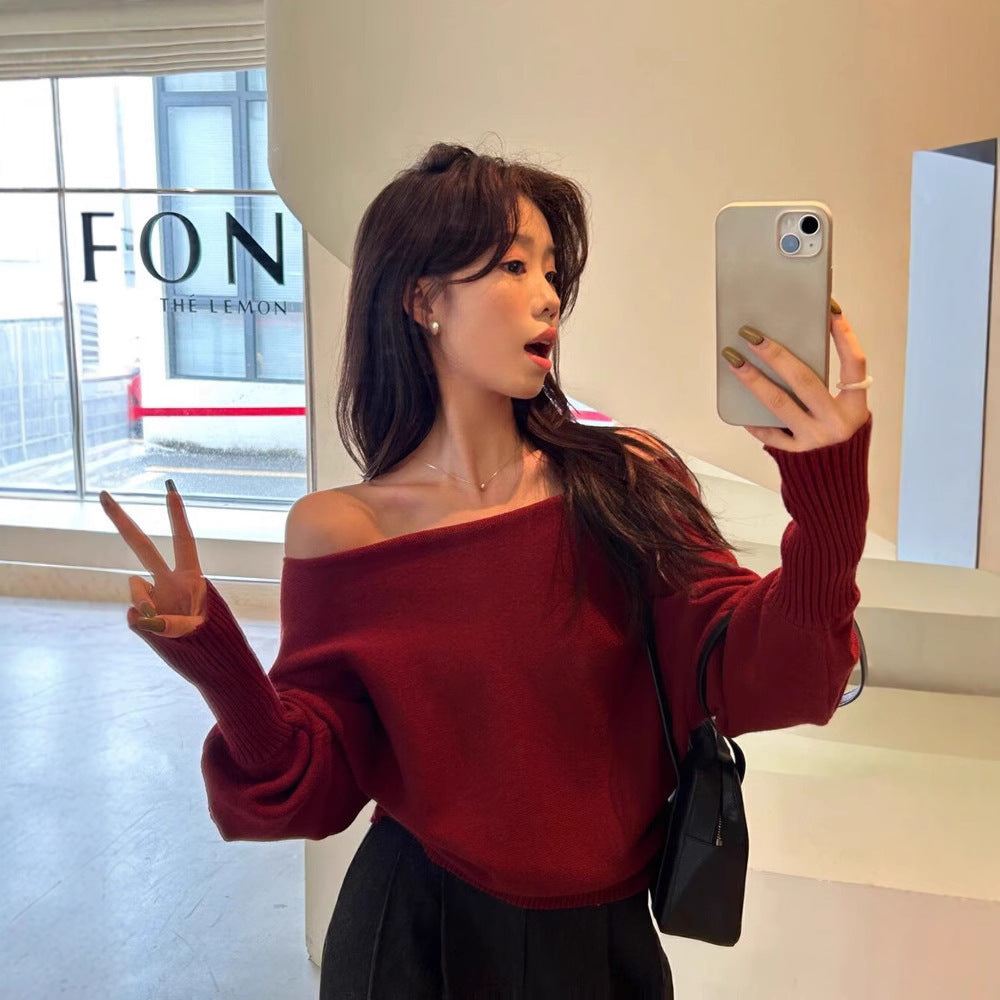 Women's Off Shoulder Knit Top in Red