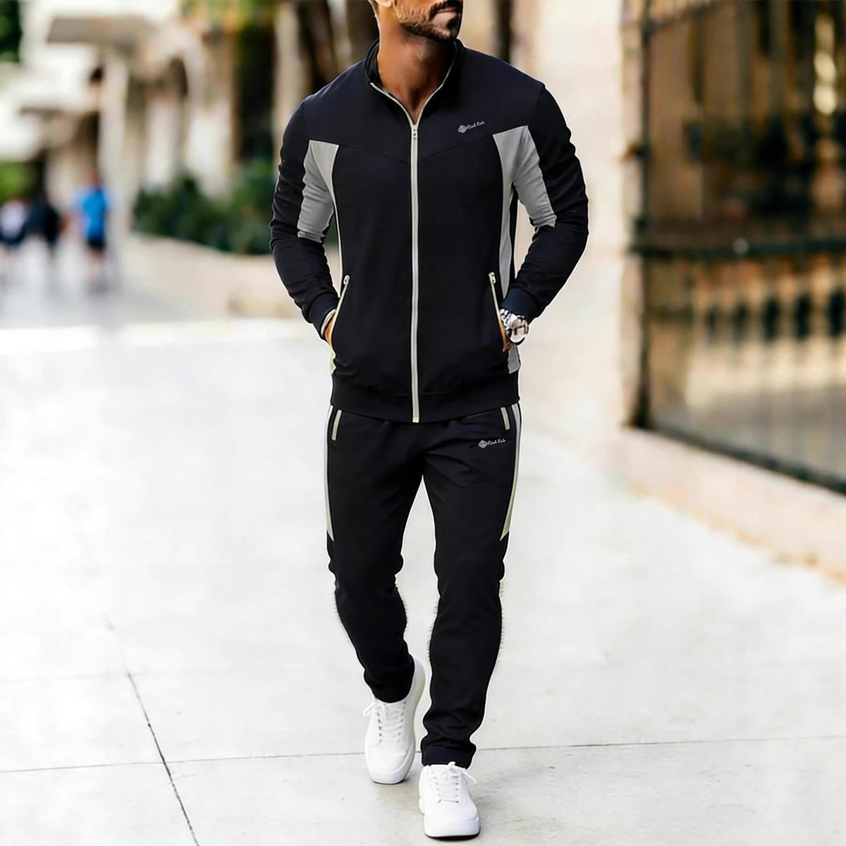Men's Contrast Panel Tracksuit in Black / Grey