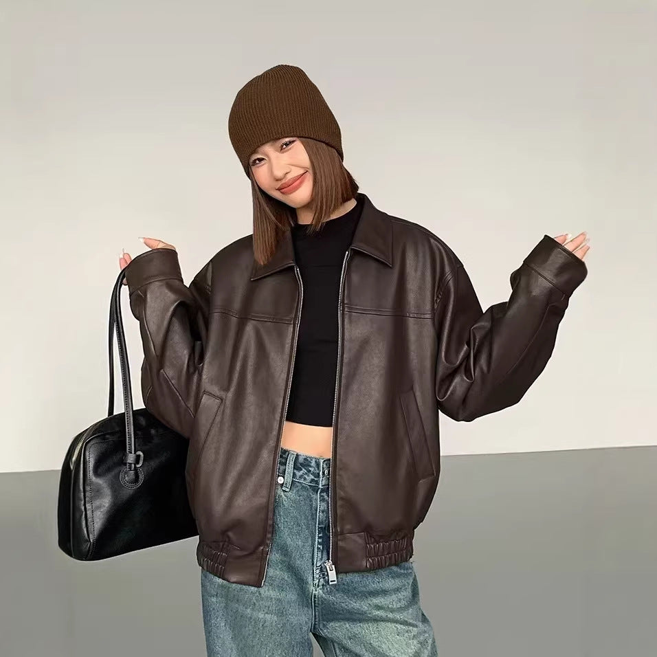 Women's Faux Leather Bomber Jacket in Coffee Brown