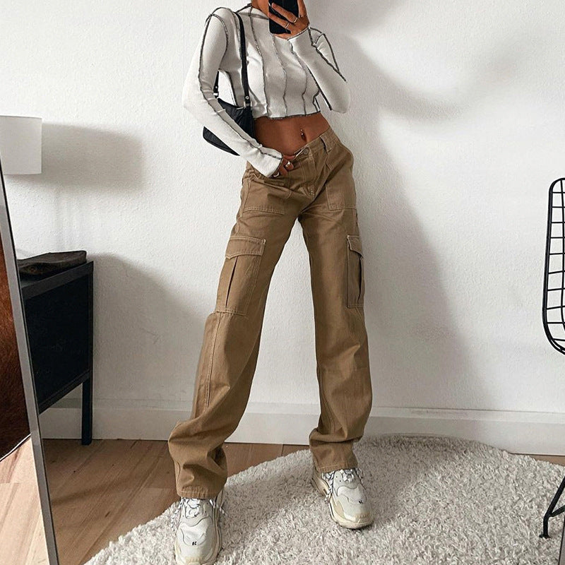 Women's High Waist Cargo Trousers in Dark Brown