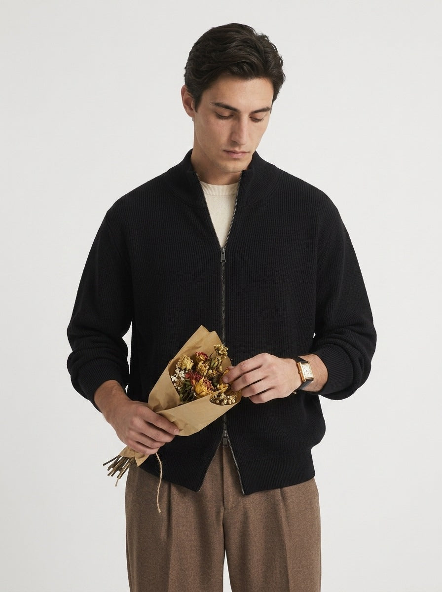 Men's Ribbed Full Zip Cardigan in Black
