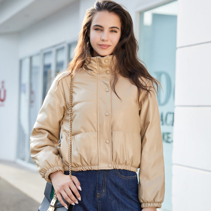 Women's Cropped Faux Leather Puffer Jacket in Khaki