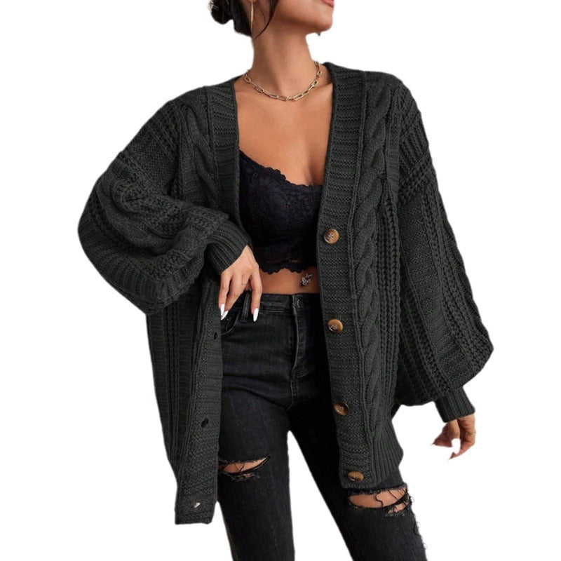Women's Chunky Cable Knit Cardigan in Black