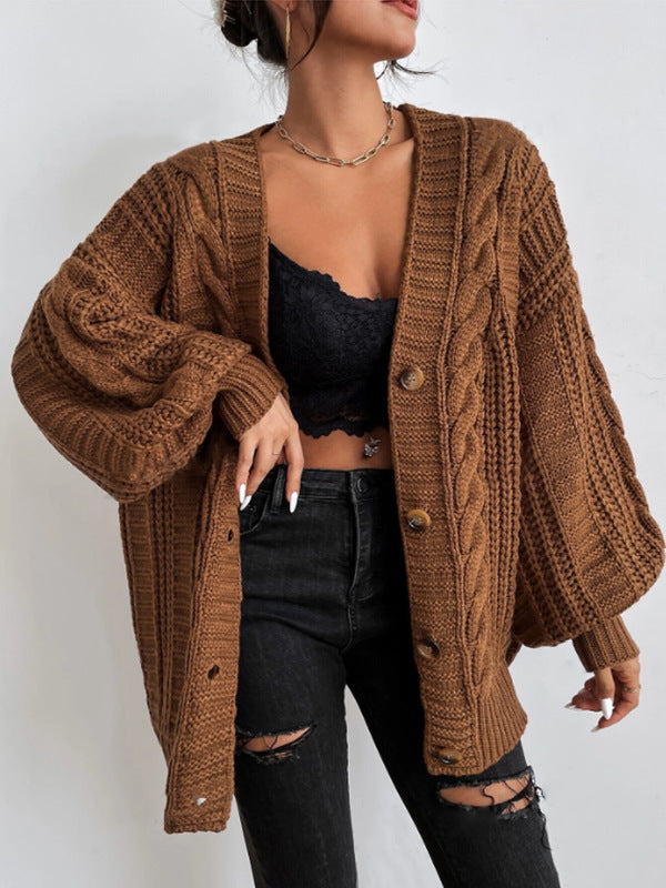 Women's Chunky Cable Knit Cardigan in Dark Brown
