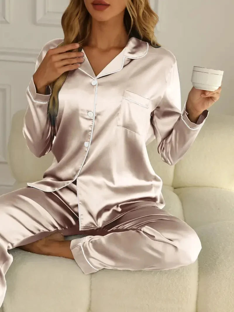 Women's Satin Effect Pyjama Set in Champagne