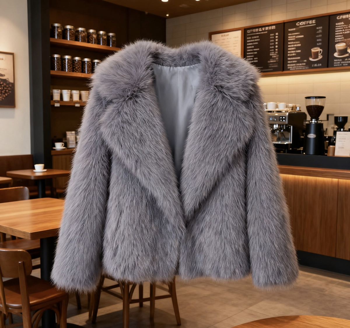 Women's Wide Lapel Faux Fur Coat in Grey