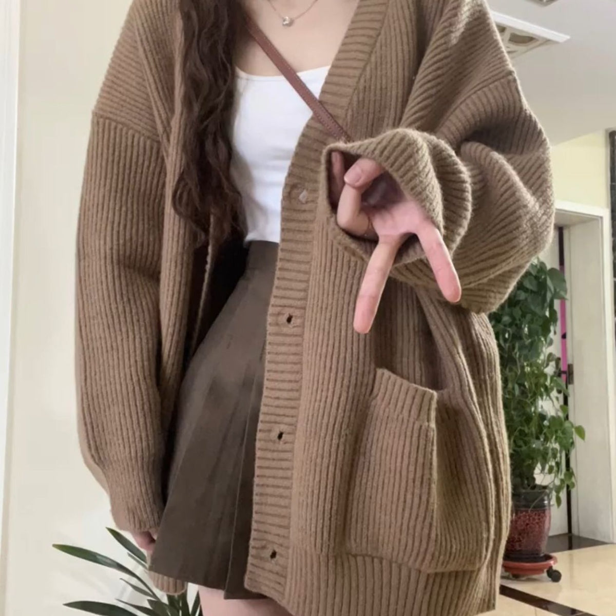 Women's Longline V-Neck Cardigan in Dark Brown