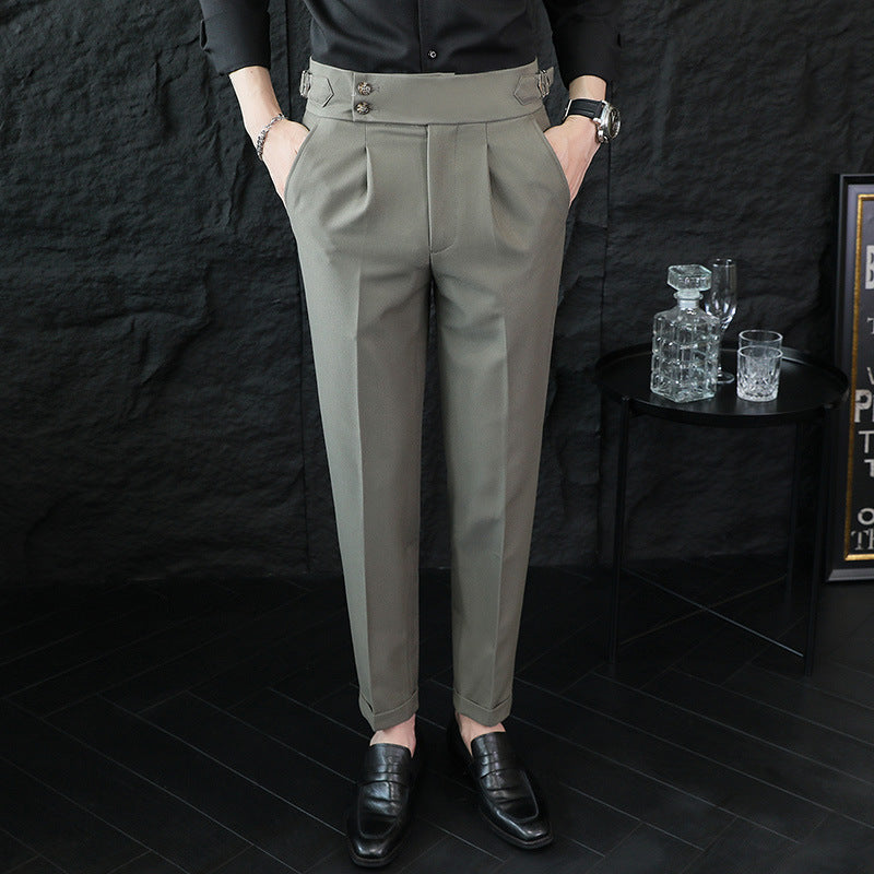 Men's Pleated Ankle Trousers in Olive Green
