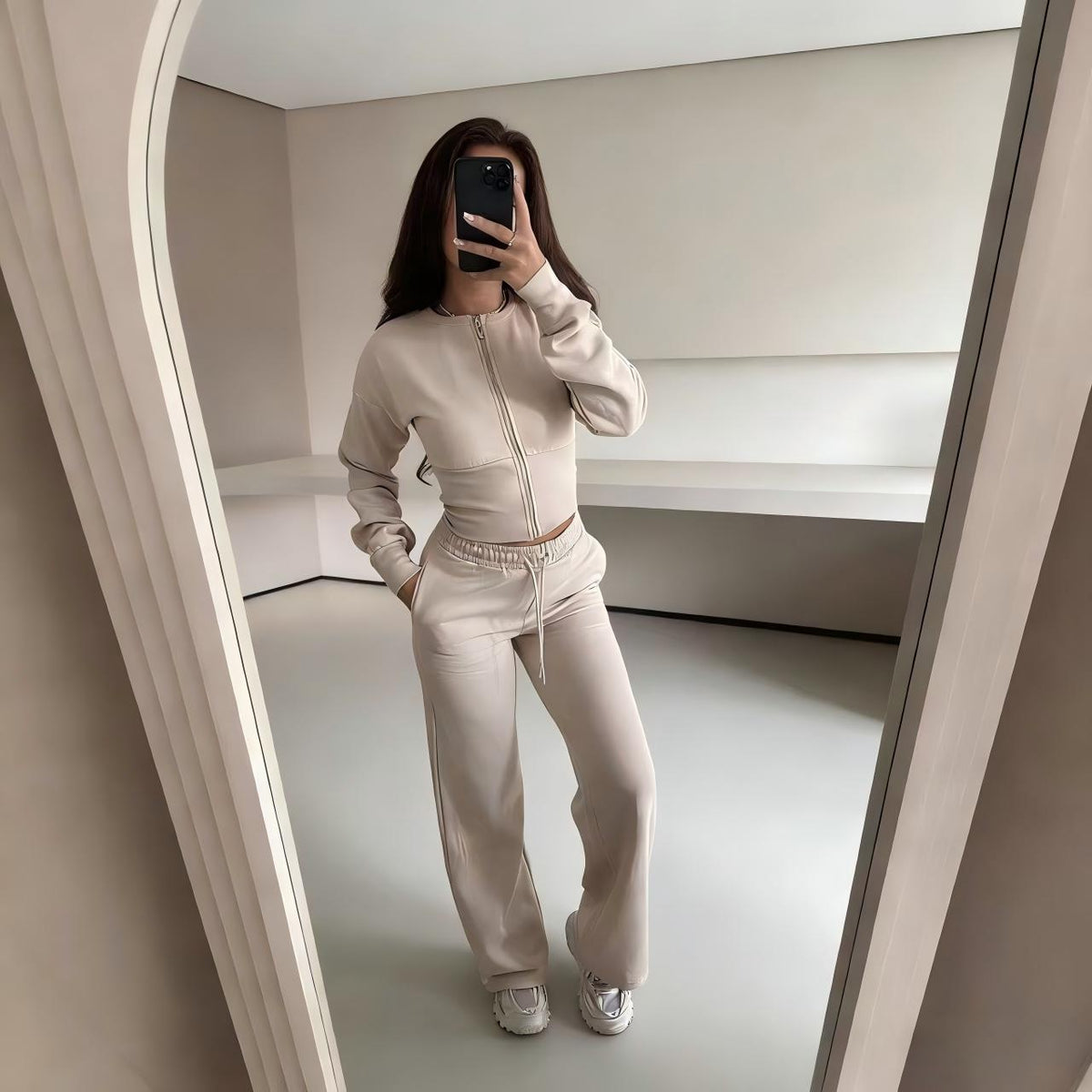 Women's Zip Hoodie and Straight Leg Trouser Set in Khaki