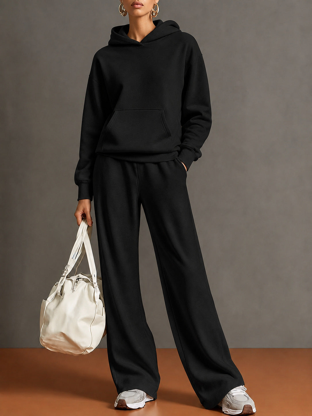 Women's Hoodie and Wide Leg Trouser Set in Black