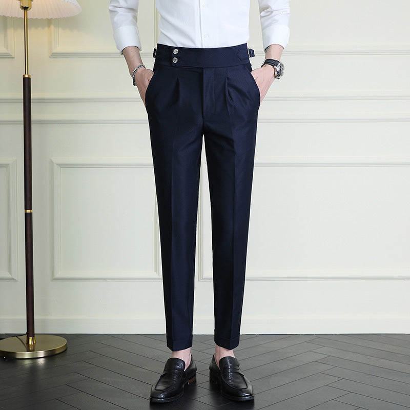 Men's Pleated Ankle Trousers in Navy Blue