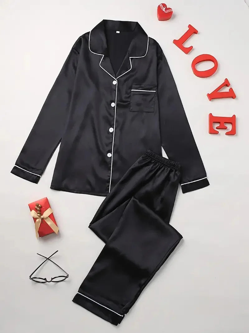 Women's Satin Effect Pyjama Set in Black