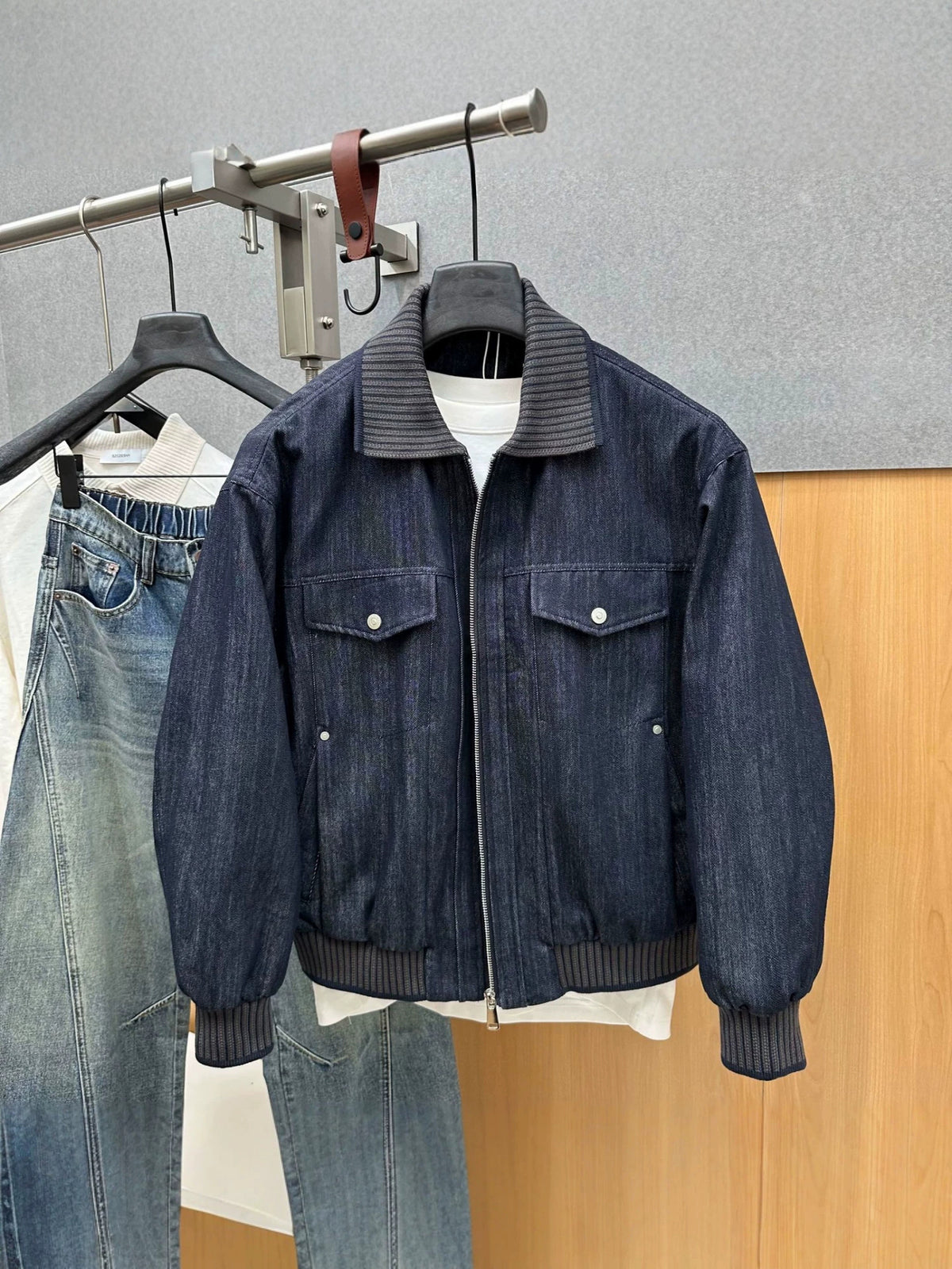 Men's Denim Look Bomber Jacket in Blue