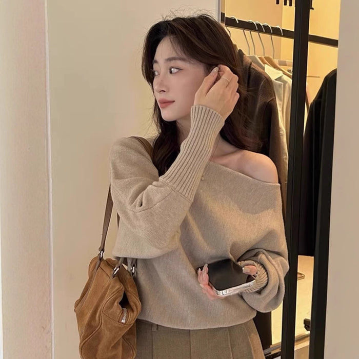 Women's Off Shoulder Knit Top in Khaki