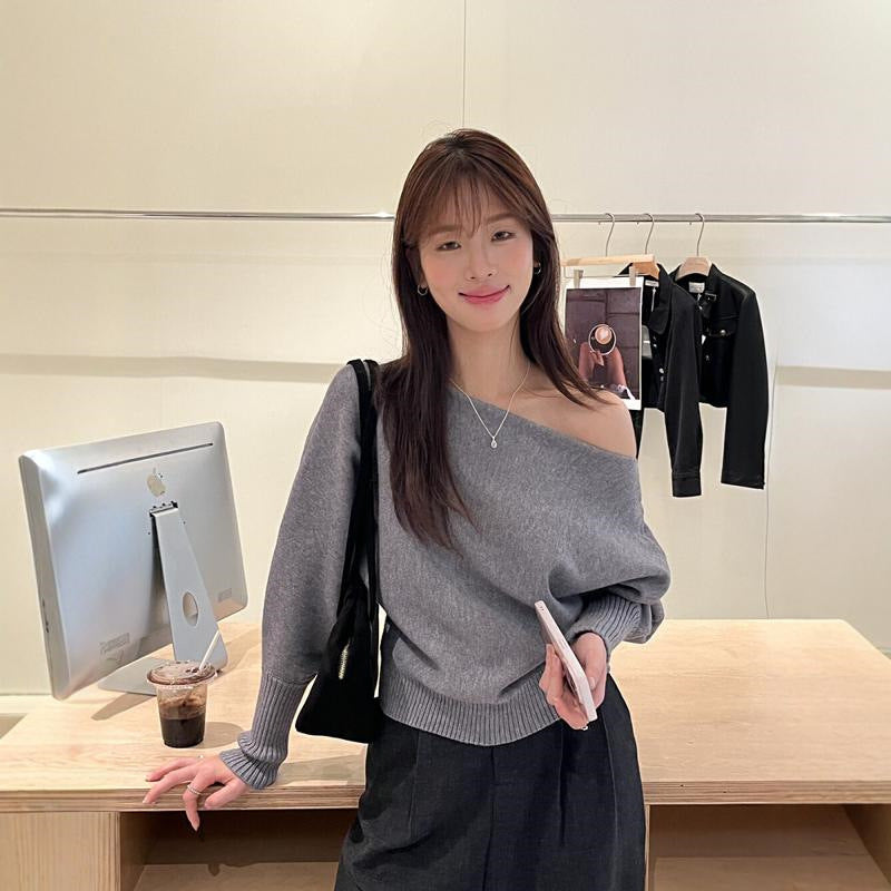 Women's Off Shoulder Knit Top in Light Grey