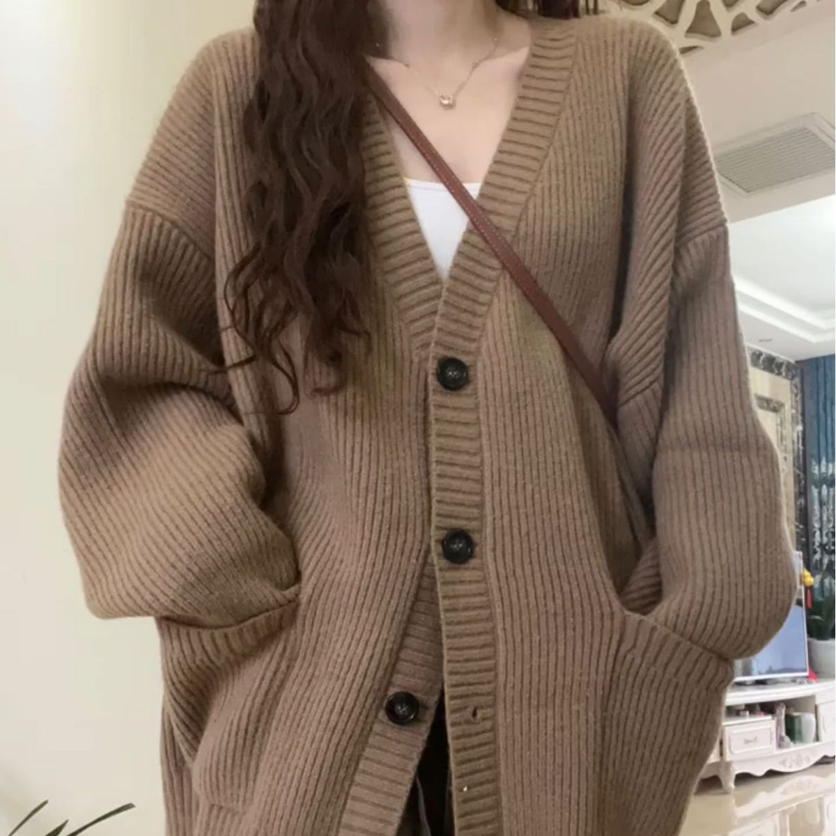 Women's Longline V-Neck Cardigan in Khaki