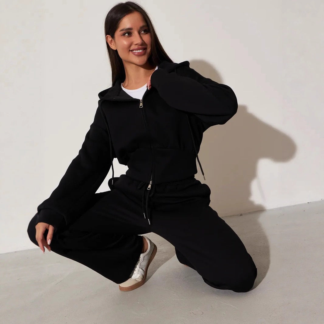 Women's Zip Hoodie and Trouser Set in Black
