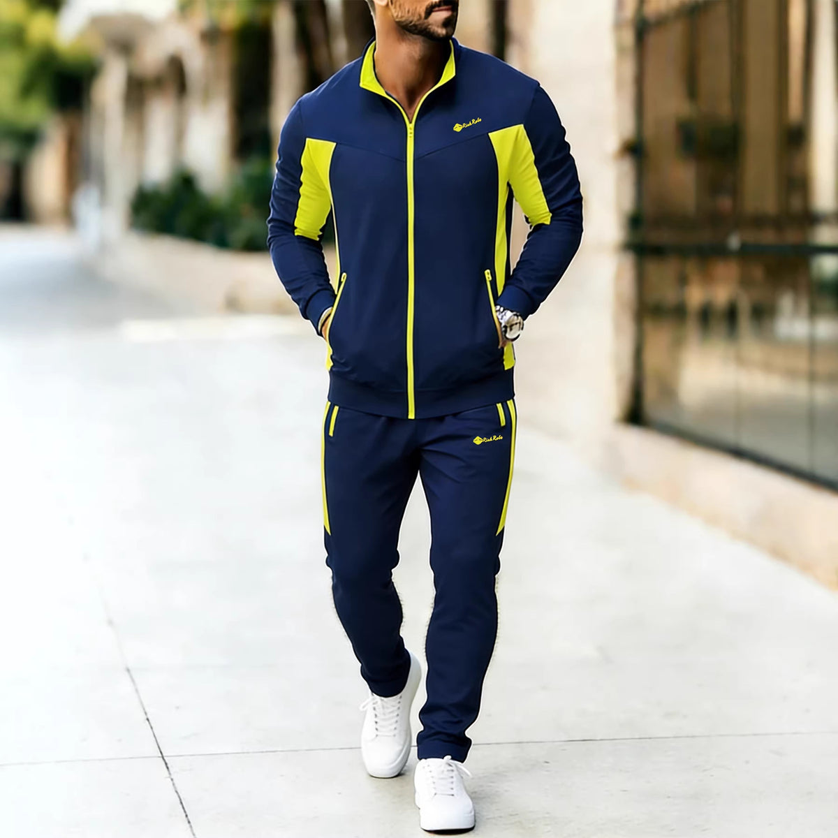 Men's Contrast Panel Tracksuit in Navy / Lime