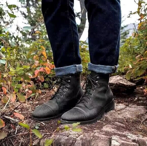 Men's Cap Toe Lace-Up Boots in Black — view 11