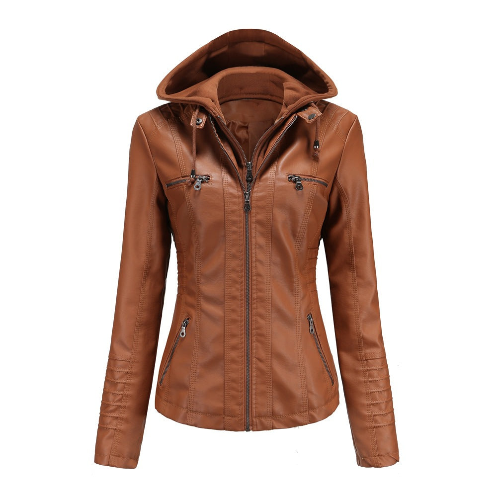 Women's Hooded Biker Jacket in Camel