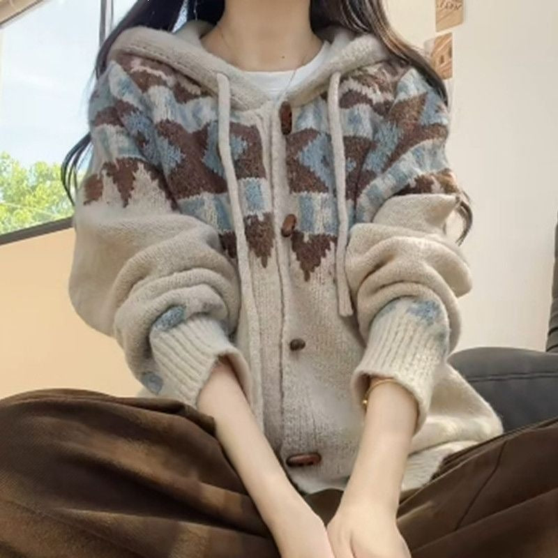Women's Hooded Fair Isle Cardigan in Cream Fair Isle