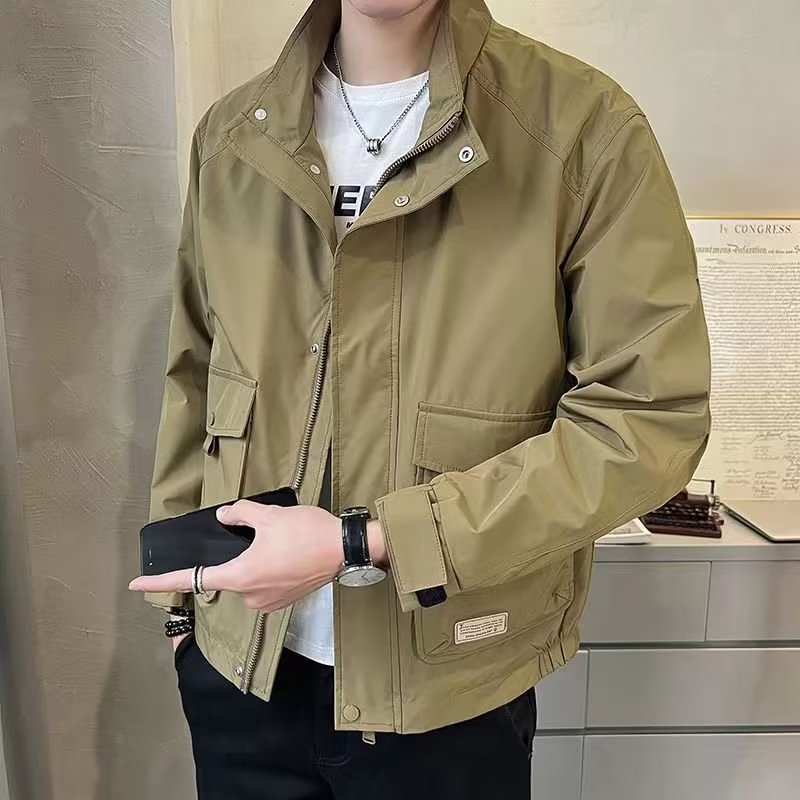 Men's Stand Collar Utility Jacket in Khaki