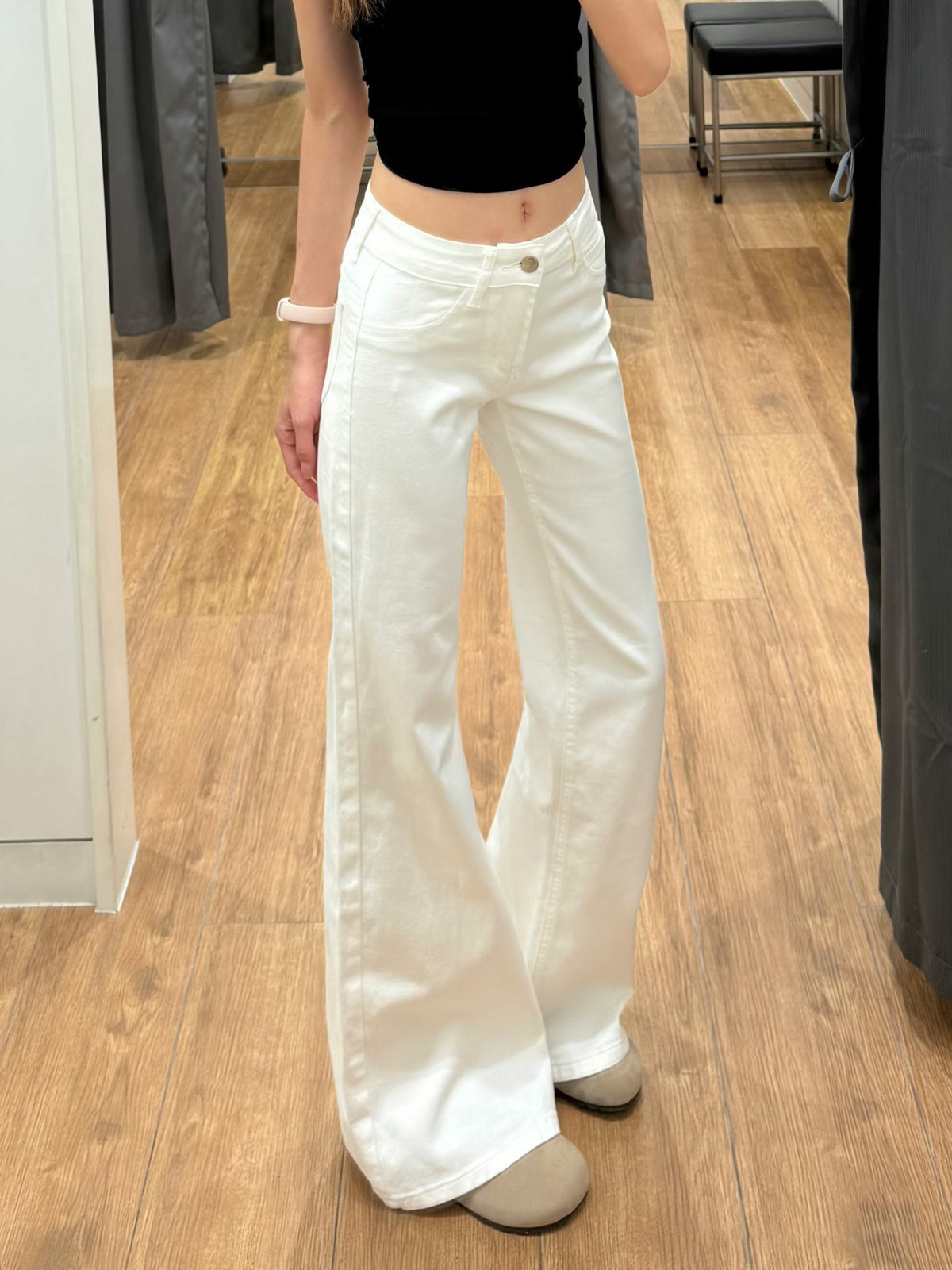 Women's High Waist Flared Trousers in White Regular