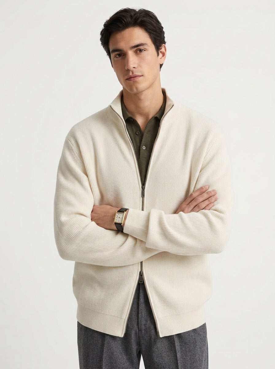 Men's Ribbed Full Zip Cardigan in Cream