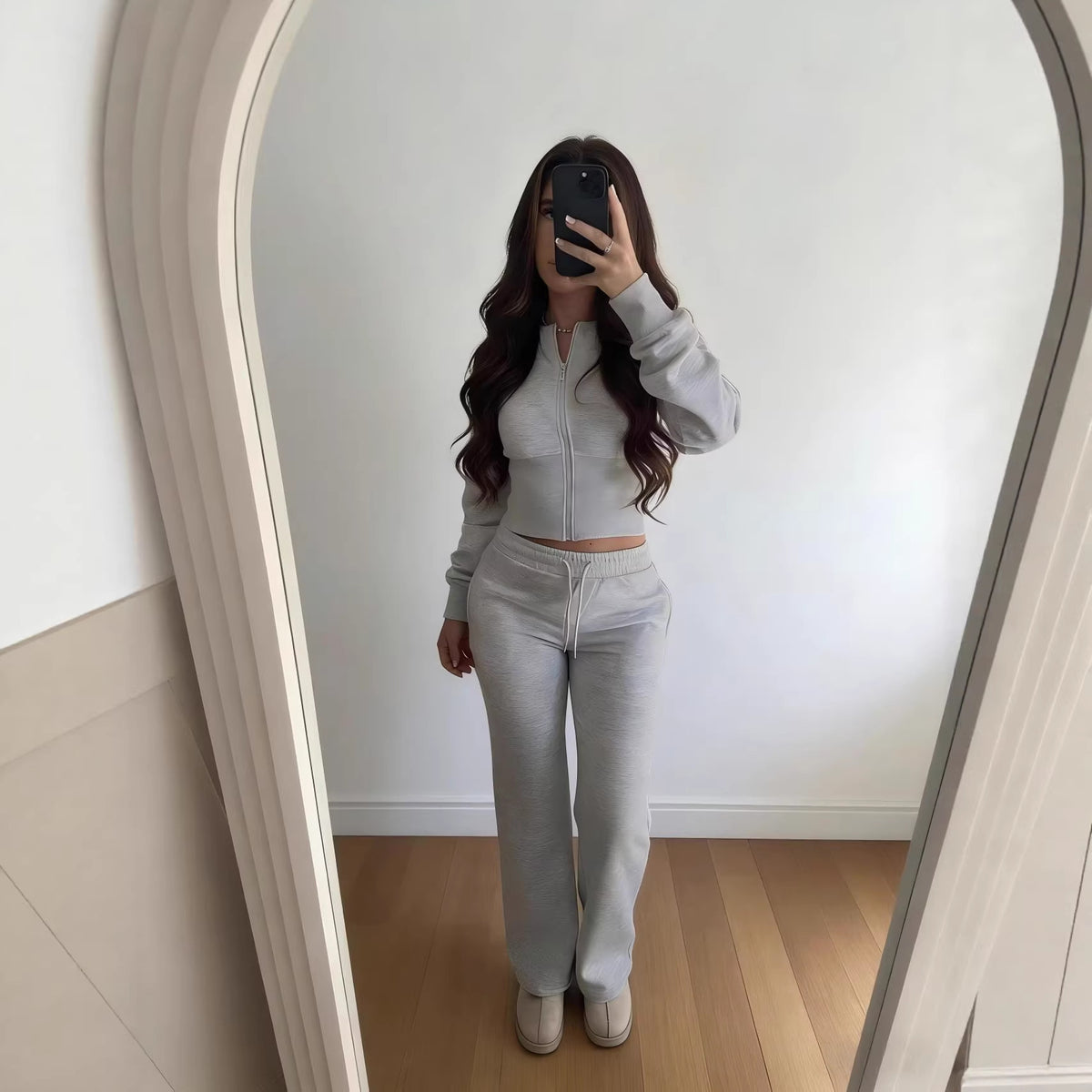 Women's Zip Hoodie and Straight Leg Trouser Set in Light Grey