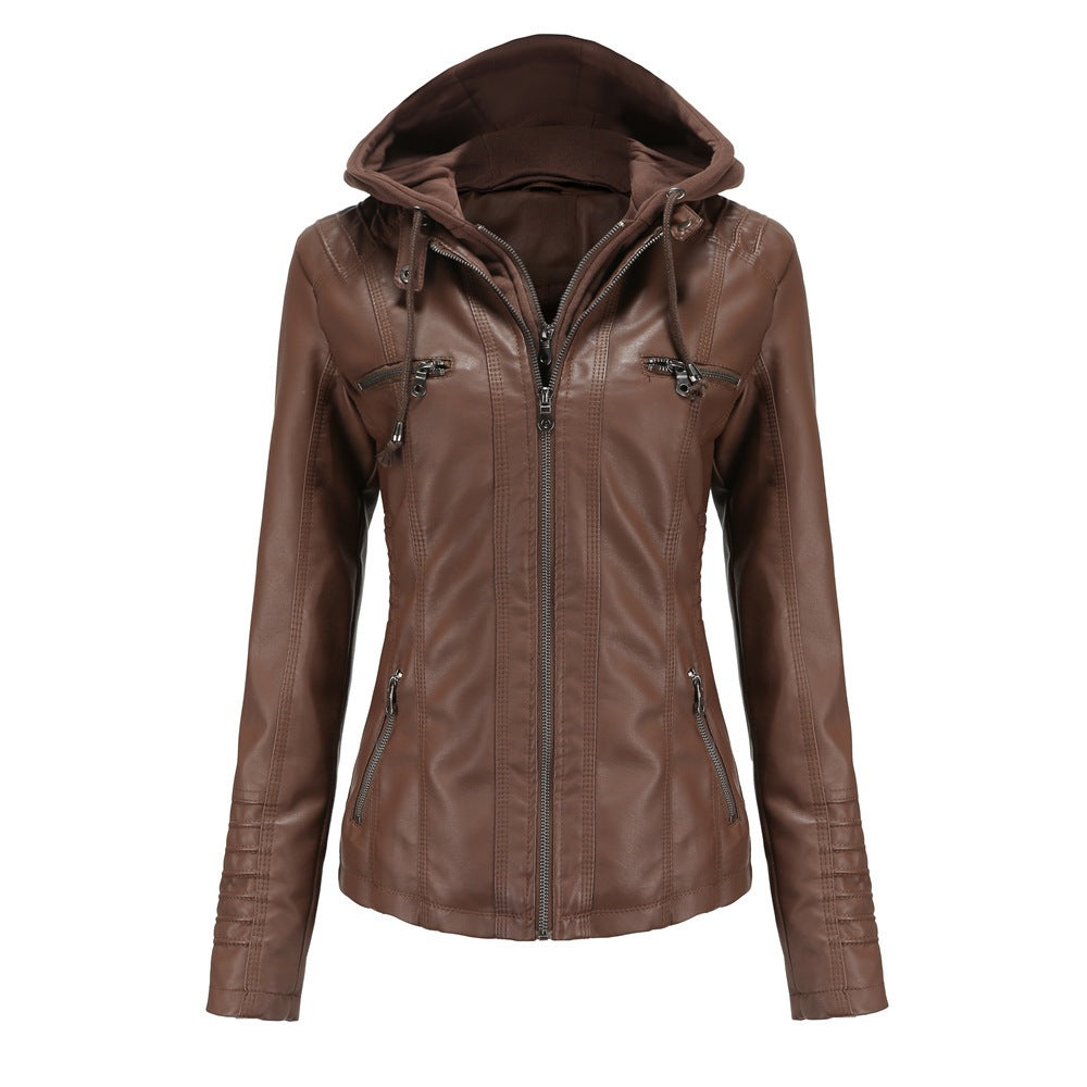 Women's Hooded Biker Jacket in Coffee