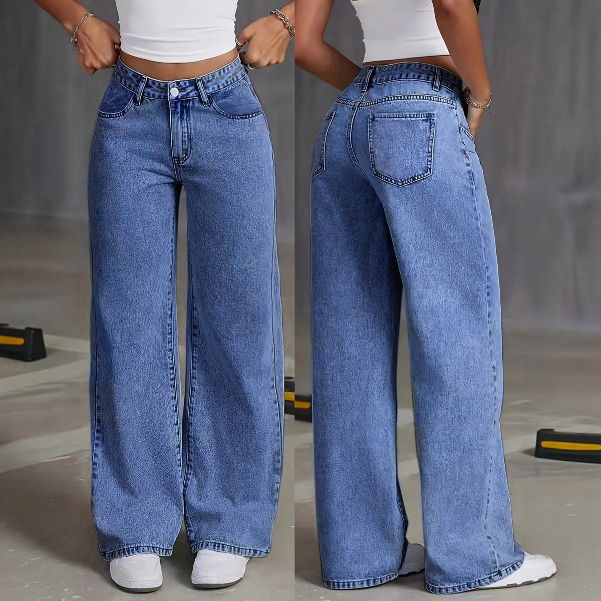 Women's High Waist Wide Leg Trousers in Medium Blue