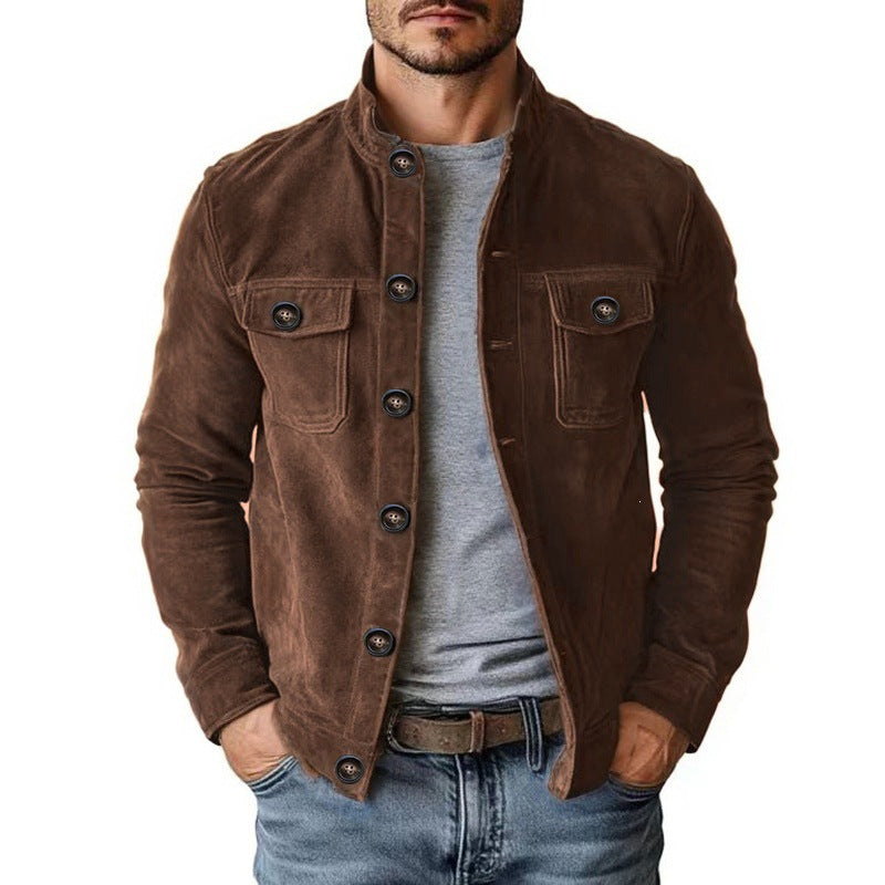 Men's Faux Suede Bomber Jacket in Dark Brown