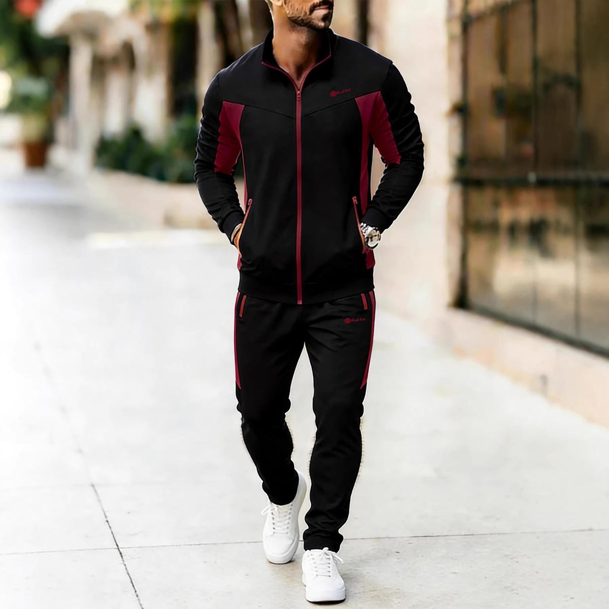 Men's Contrast Panel Tracksuit in Black / Red