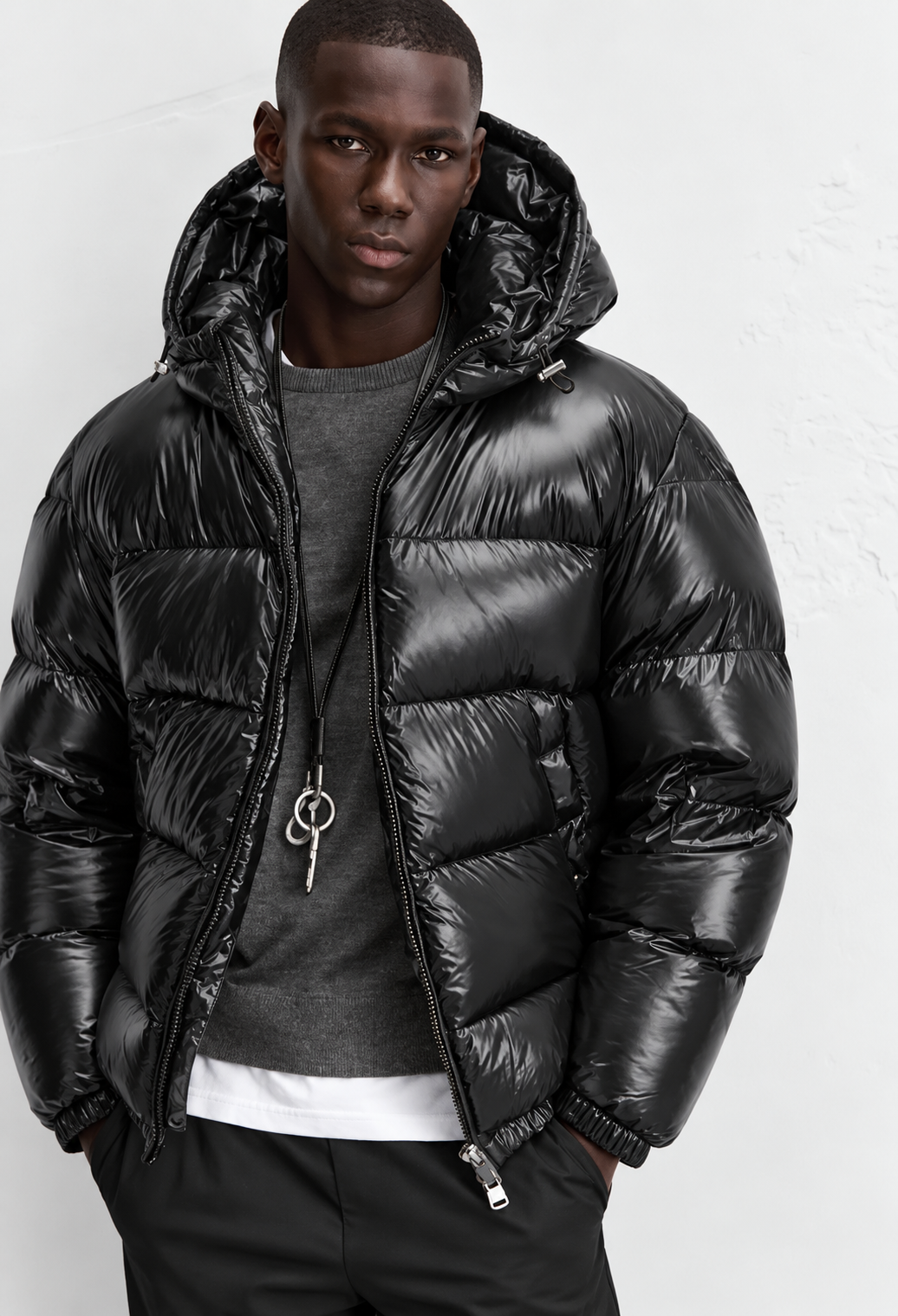 Men's Quilted Hooded Jacket with 3D Pattern