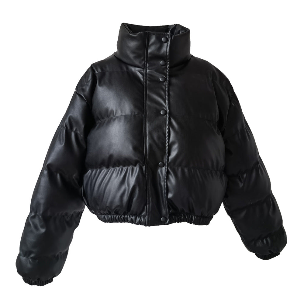 Women's Cropped Faux Leather Puffer Jacket