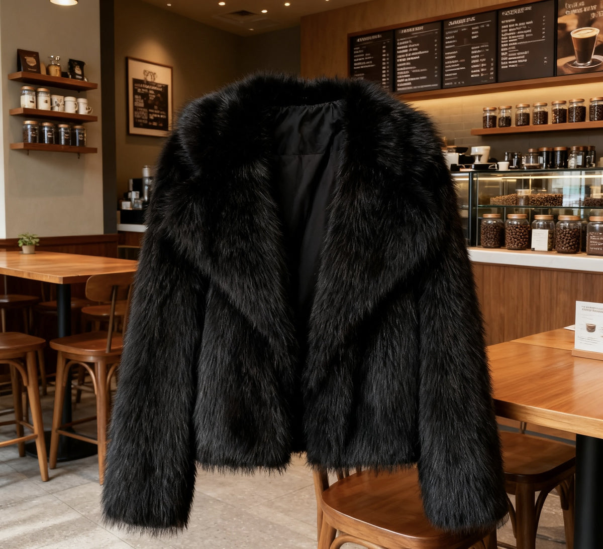 Women's Wide Lapel Faux Fur Coat in Black