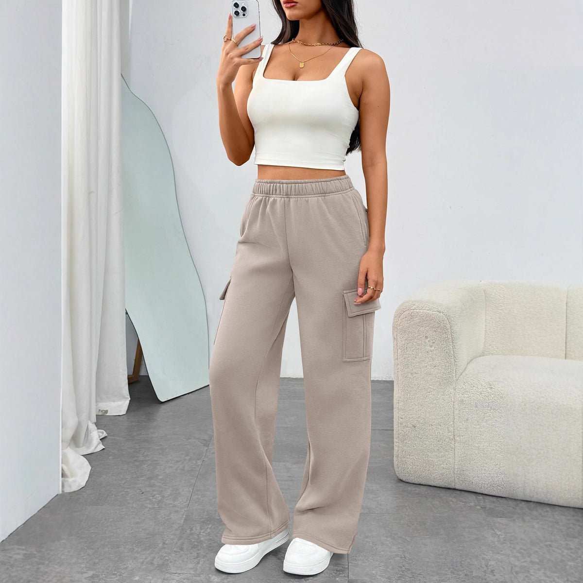 Women's High Waist Wide Leg Cargo Trousers in Khaki