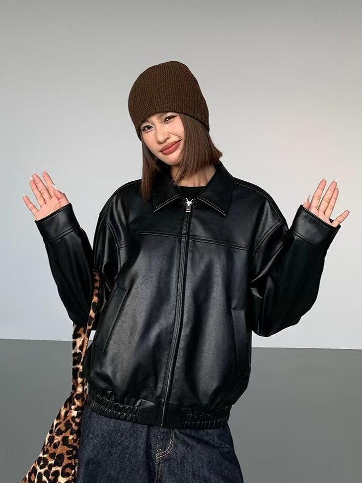 Women's Faux Leather Bomber Jacket in Black